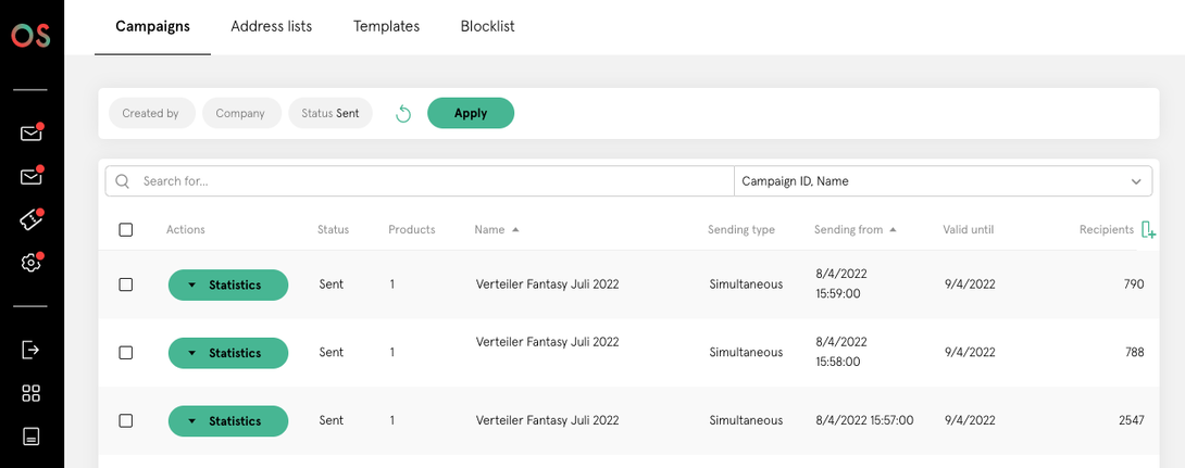 Overview page of an email or marketing campaign in the Bookwire OS dashboard with filter options and table view showing status, recipients, products, shipping method and validity period.