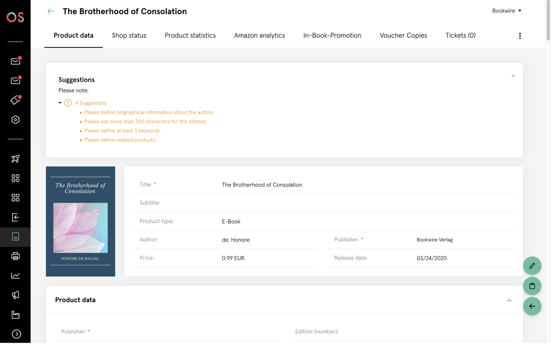 Product detail view of an audiobook in the Bookwire OS dashboard with cover image, title, metadata, status notes for improvement and structured product information.